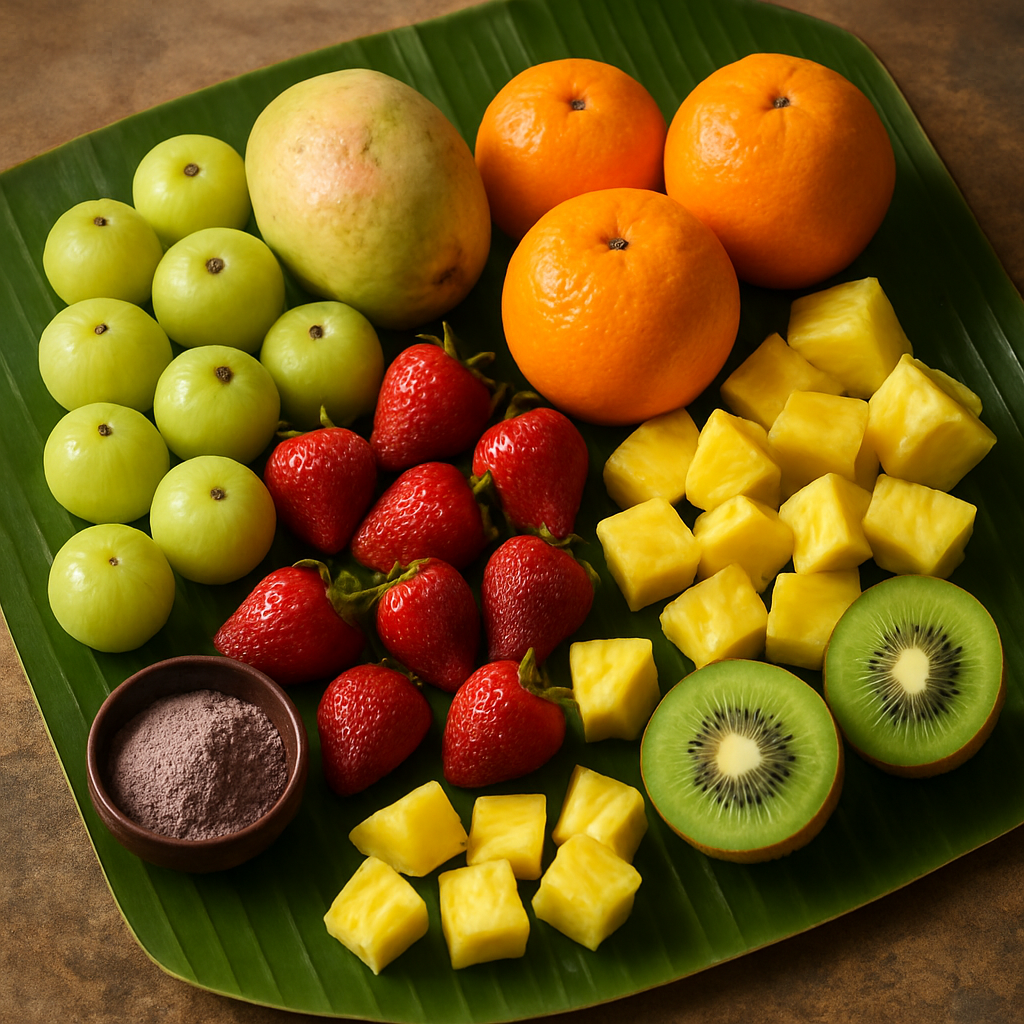 Flat lay of an Indian fruit spread: amla, guava, oranges, strawberries, pineapple chunks, and kiwi halves arranged on a banana leaf over a rustic table. Dewy freshness, vibrant colors, realistic textures, a small pinch bowl of black salt nearby.