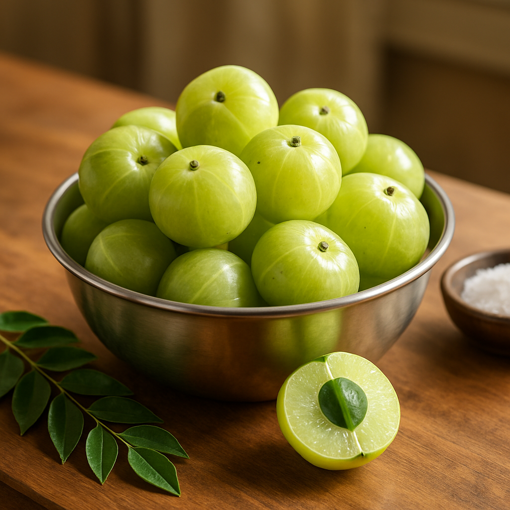 Close-up of freshly harvested Indian gooseberries (amla) with natural bloom, piled in a stainless steel bowl on a wooden kitchen counter. Soft morning light, visible texture of the fruit skin, a cut amla showing pale green interior and juicy sheen. Surroundings include a sprig of curry leaves and a small salt dish for context.