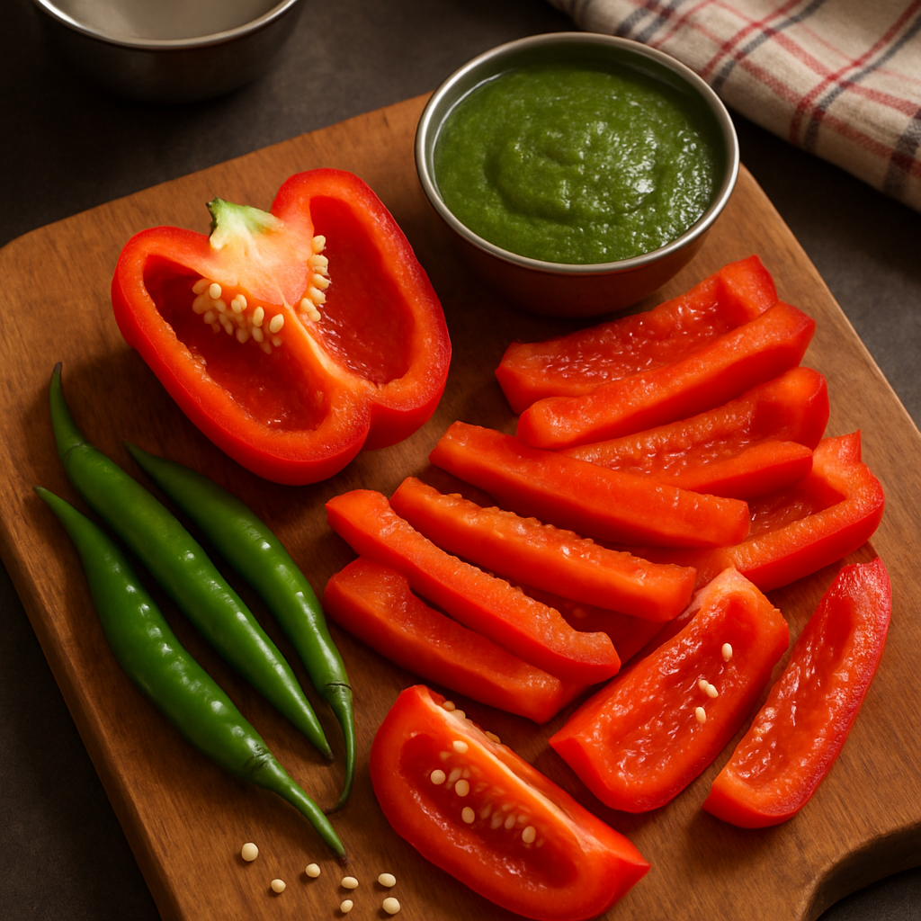 Overhead shot of a wooden cutting board with sliced red bell peppers and fresh green chilies, seeds visible, alongside a small bowl of coriander-mint chutney. Natural daylight, crisp textures, moisture on cut surfaces, realistic colors. Subtle Indian kitchen props like a steel katori and checkered cloth.