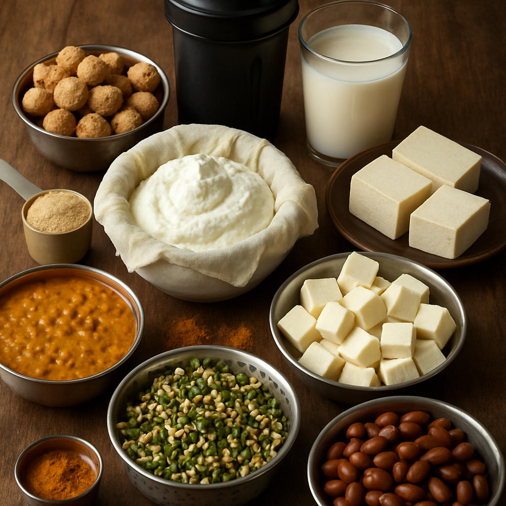 Ultra-realistic top-down spread of Indian vegetarian protein foods: soya chunks, a scoop of whey protein with shaker, bowl of hung curd strained in muslin, glass of double-toned milk, firm tofu blocks, paneer cubes, bowl of cooked masoor dal, sprouted moong in a colander, cooked chickpeas, cooked rajma. Natural light on a rustic wooden table with small steel katoris and masala hints.
