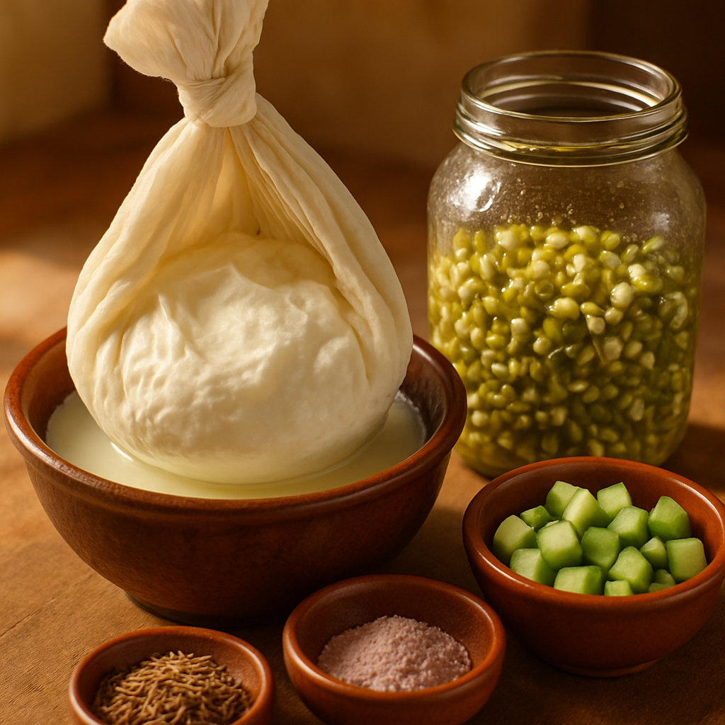 Close-up, ultra-realistic Indian kitchen scene: a muslin cloth hanging over a bowl draining dahi into thick hung curd, next to a glass jar of sprouting moong with condensation, and small bowls of cumin, black salt, and chopped cucumber ready for raita. Warm morning light.