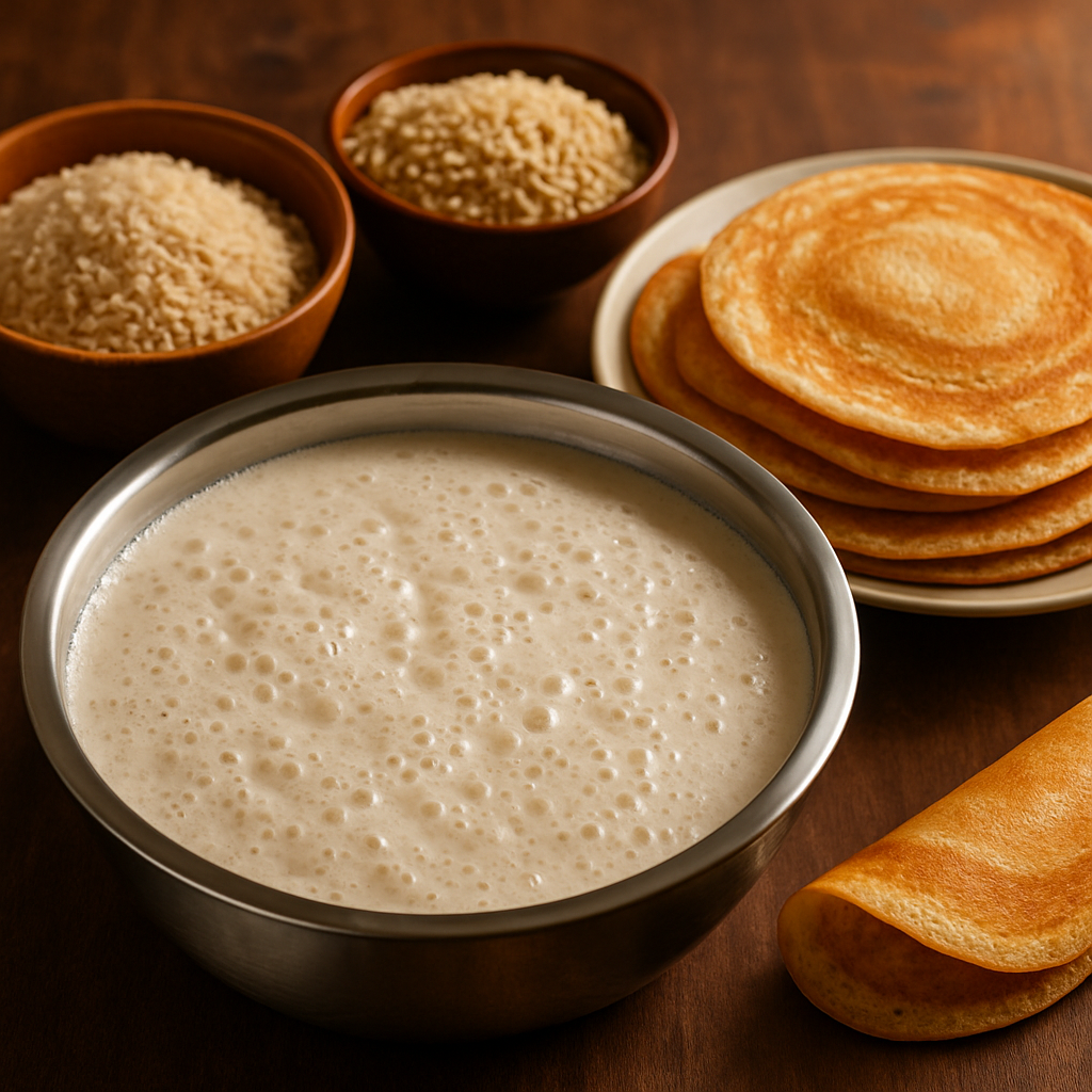 South Indian dosa batter fermenting in a steel bowl next to soaked urad dal and rice, bubbles forming on the surface, warm kitchen ambient light, and a stack of freshly made crisp dosas on a plate.