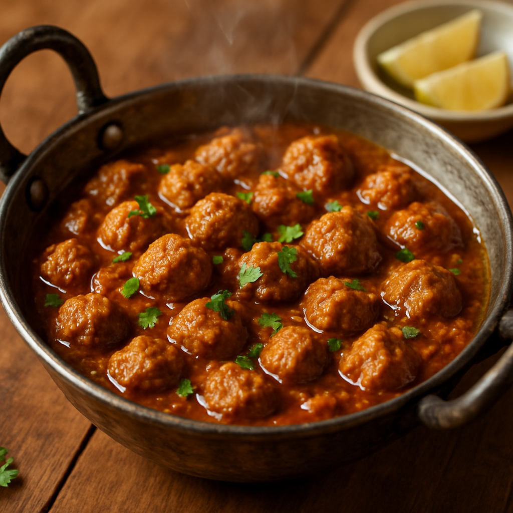 Close-up of rehydrated soy chunks simmering in a tomato-onion gravy with spices, garnished with fresh coriander. Visible texture of soy nuggets, glossy sauce, steam rising, served in a rustic steel kadhai on a wood table with a side of lemon wedges.