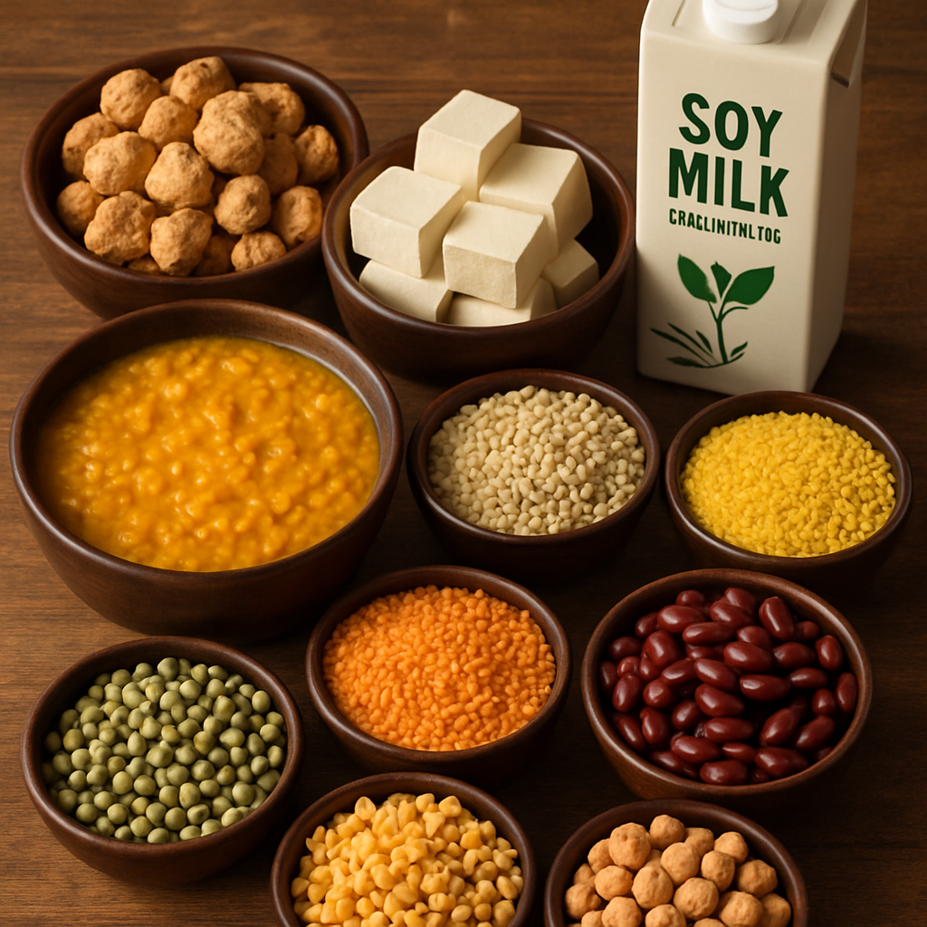 Overhead, well-lit spread of top Indian vegan protein staples arranged in small bowls: dry soy chunks (nuggets), firm tofu blocks, urad dal, moong dal, masoor dal, rajma, chana dal, kabuli chana (chickpeas), dry green peas, and a carton of unsweetened soy milk. Include warm wood table, natural textures, visible grains and legumes, slight steam from a cooked dal bowl.