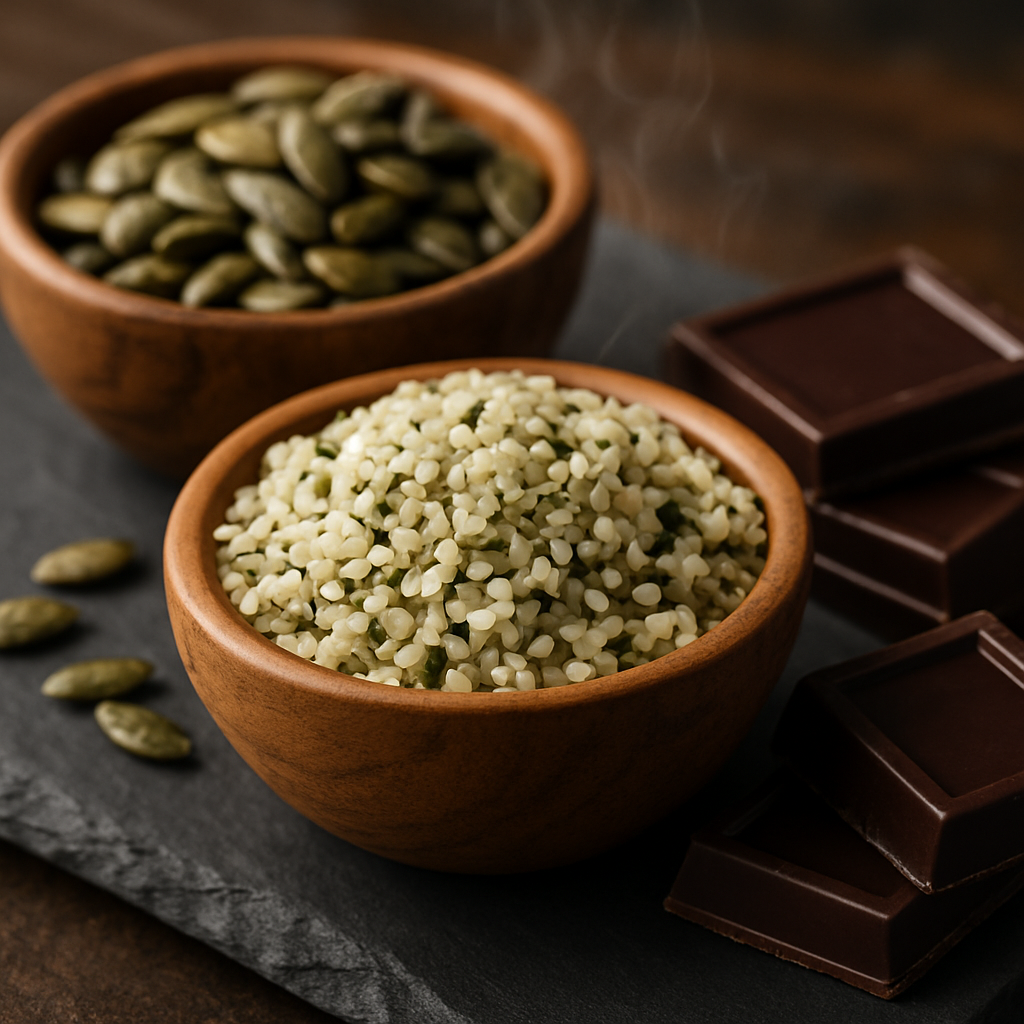 Close-up macro shot of a small wooden bowl of hulled hemp seeds next to a bowl of roasted pumpkin seeds and a few dark chocolate squares on a slate board. Visible textures of seeds and chocolate, subtle steam from lightly roasted seeds, natural shadows.