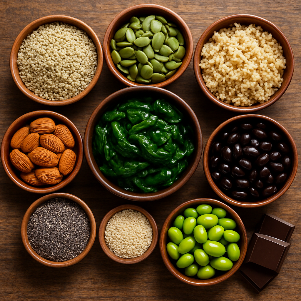 Top-down flat lay of magnesium-rich foods arranged neatly: a bowl of hulled hemp seeds, pumpkin seeds, cooked spinach, cooked quinoa, black beans, almonds, chia seeds, sesame seeds, edamame, and dark chocolate squares. Natural textures, vibrant greens, realistic lighting, wood table background.
