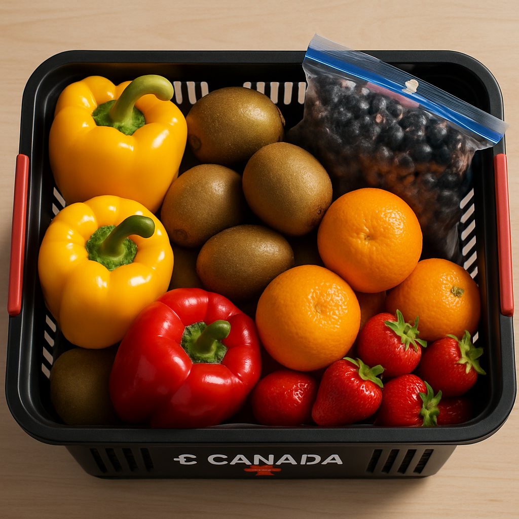 A top-down view of a Canadian grocery basket filled with fresh yellow and red bell peppers, kiwis, oranges, strawberries, and a small bag of frozen blackcurrants on a light wood surface. Natural light, crisp textures, vivid colors, realistic moisture on berries, and gentle shadows.