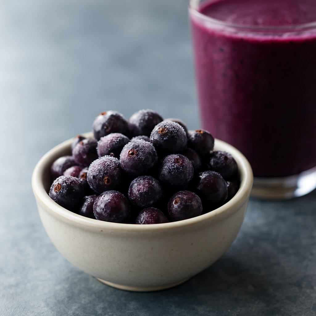 A small ceramic bowl of frozen blackcurrants with frost crystals visible, set on a cool-toned countertop next to a smoothie glass. Deep purple color, realistic texture, soft natural window light.