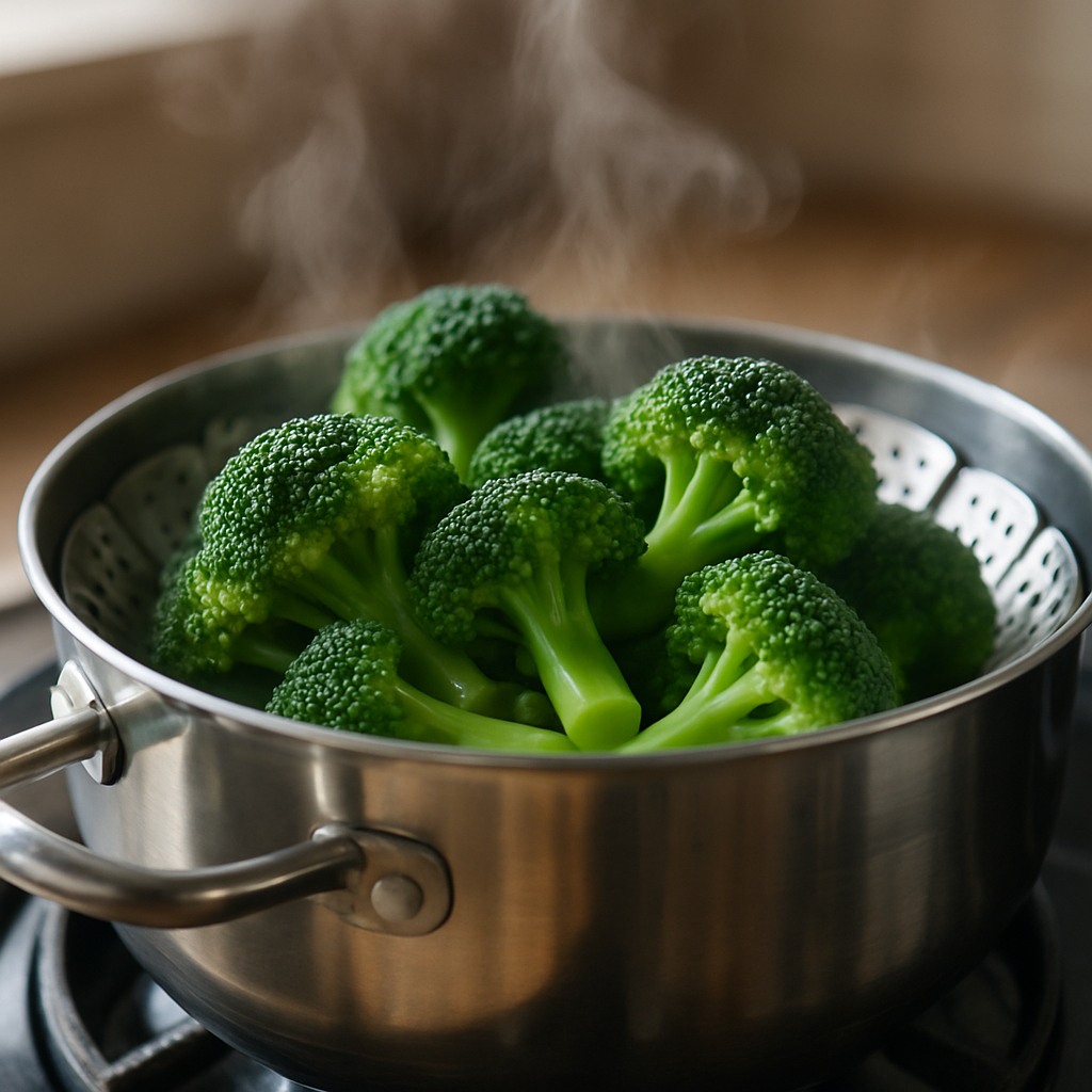 Close-up of broccoli florets in a stainless steel steamer basket over simmering water, with steam rising, bright green color, and crisp texture. Neutral kitchen background, natural daylight.
