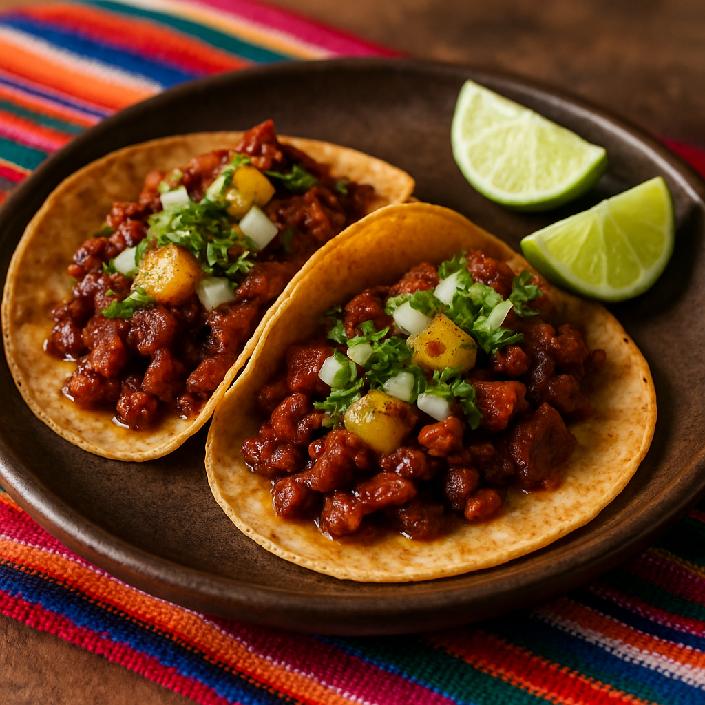 Two corn tortilla tacos filled with seasoned textured soy protein al pastor, caramelized pineapple, onion, and cilantro, with lime wedges on the side. The filling looks juicy and slightly charred. Rustic ceramic plate on a vibrant Mexican textile. Natural lighting, shallow depth of field, hyper-real textures.