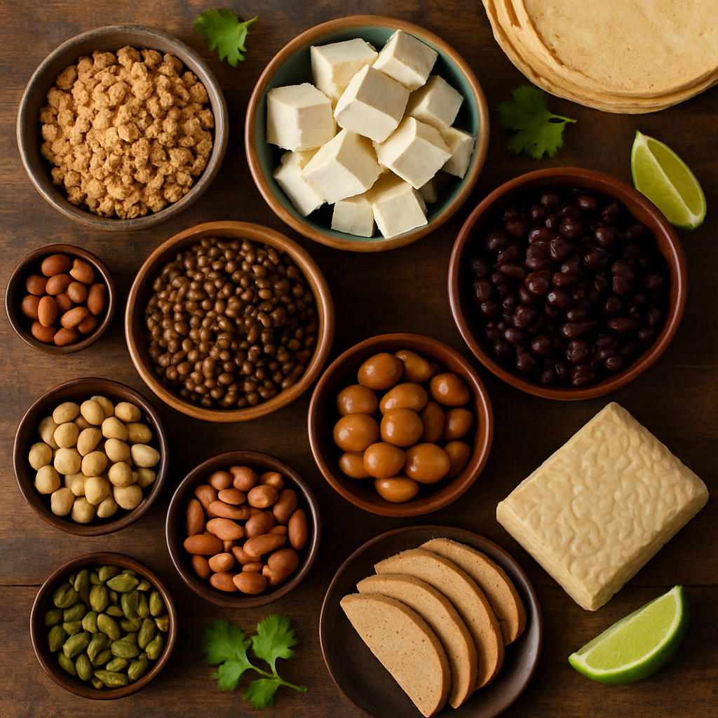 Overhead shot of a rustic wooden Mexican table with small bowls of vegan protein sources: dry textured soy protein granules, firm tofu cubes, cooked lentils, cooked black beans, cooked fava beans, cooked chickpeas, roasted pumpkin seeds (pepitas), roasted peanuts, sliced seitan, and a block of tempeh. Fresh cilantro, lime wedges, and a stack of warm corn tortillas in the background. Natural daylight, high detail, realistic textures and moisture.