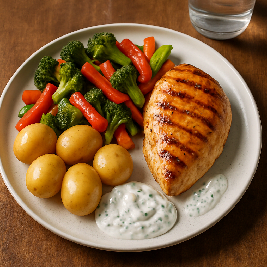 A top-down, extremely realistic photo of a balanced fat-loss meal: grilled chicken breast, a generous portion of roasted mixed vegetables (broccoli, peppers, carrots), a fist-sized serving of boiled baby potatoes, and a side of Greek yogurt dip with herbs. Soft natural light, visible steam, vivid colors, crisp textures, and a glass of water nearby on a wooden table.