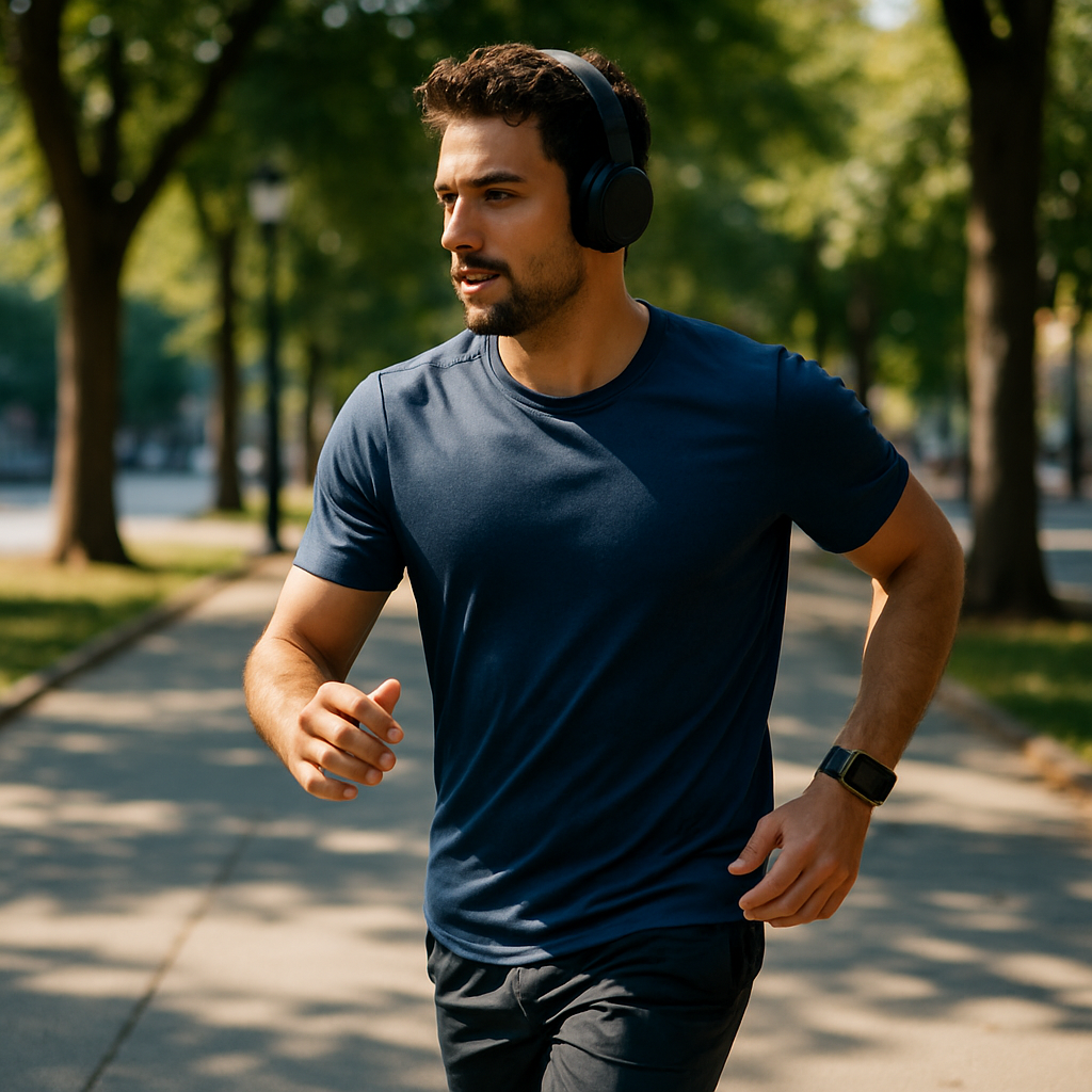 An extremely realistic street-level scene of a person walking briskly with a smartwatch, casual athletic wear, and headphones, in a sunny urban park walkway lined with trees. Emphasize movement, relaxed posture, and soft shadows. No visible text or numbers.